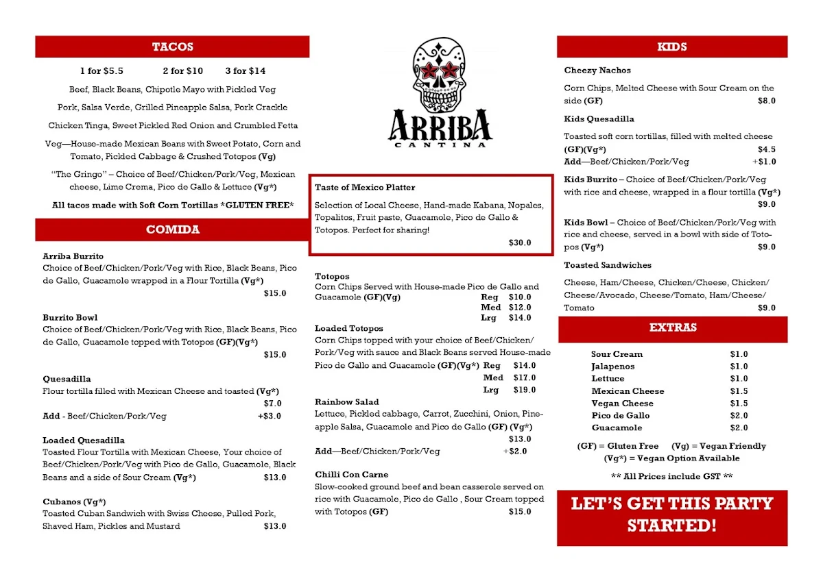 Menu, Arriba Cantina