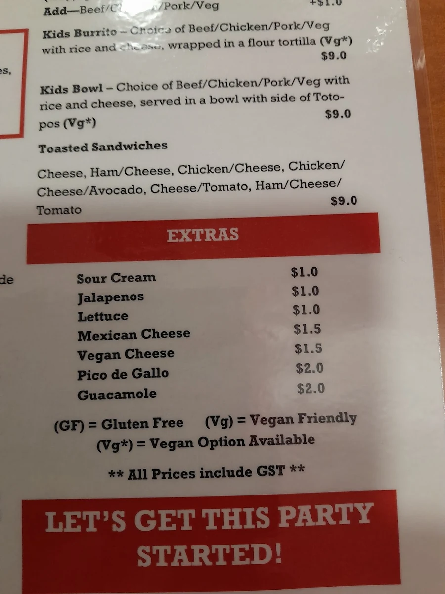 Menu, Arriba Cantina