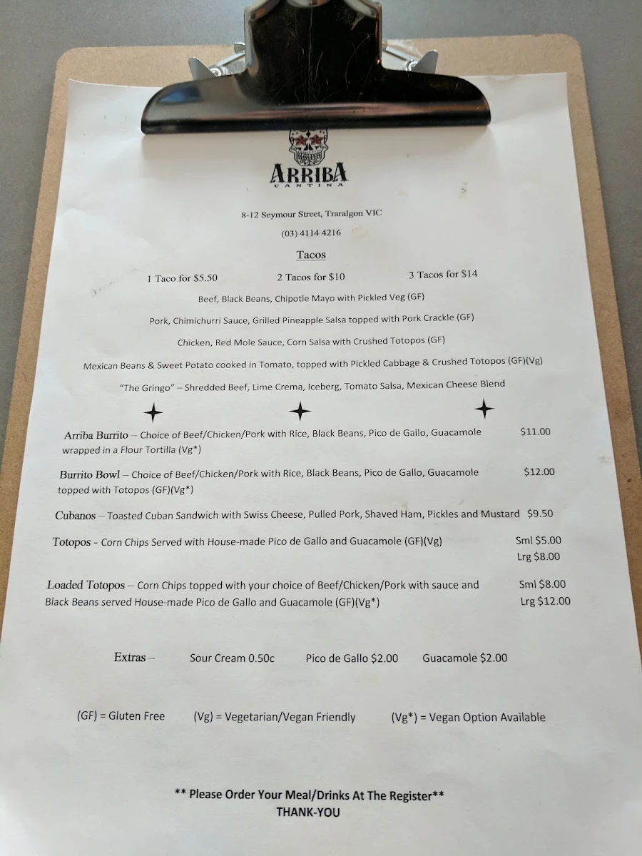 Menu, Arriba Cantina