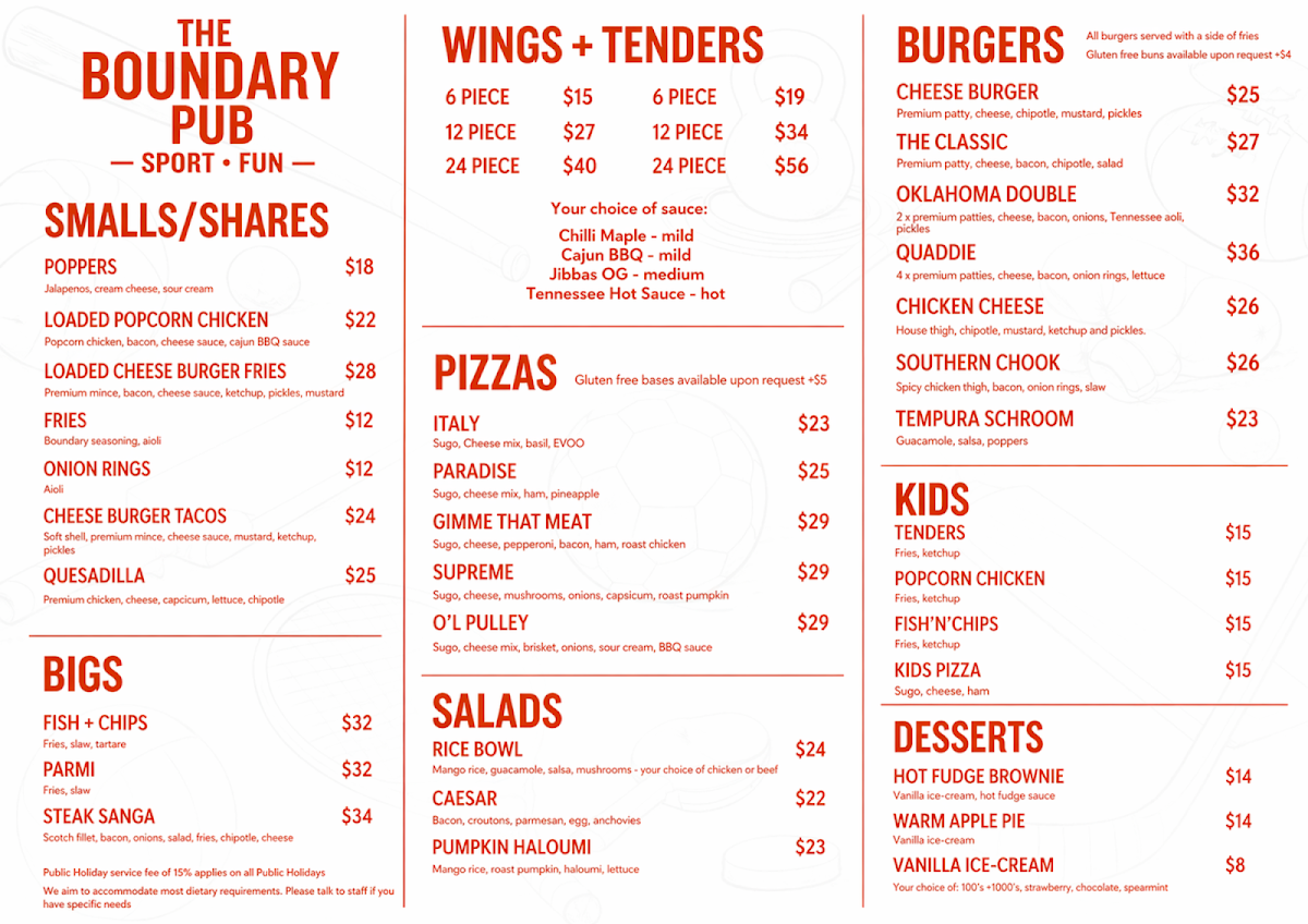 Menu, The Boundary Pub
