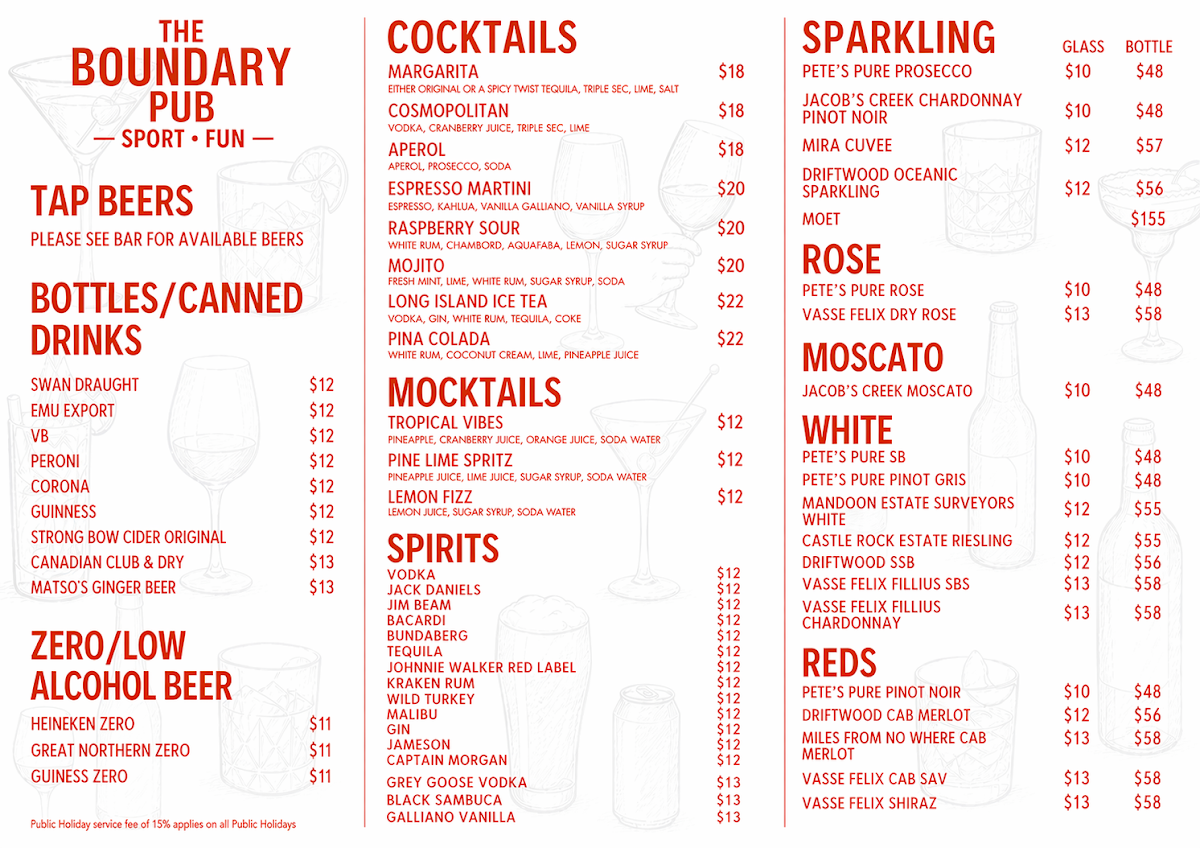 Menu, The Boundary Pub
