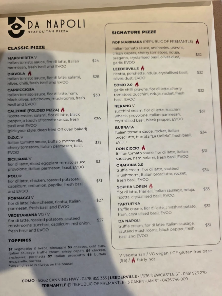 Menu, Pizzeria Da Napoli Como