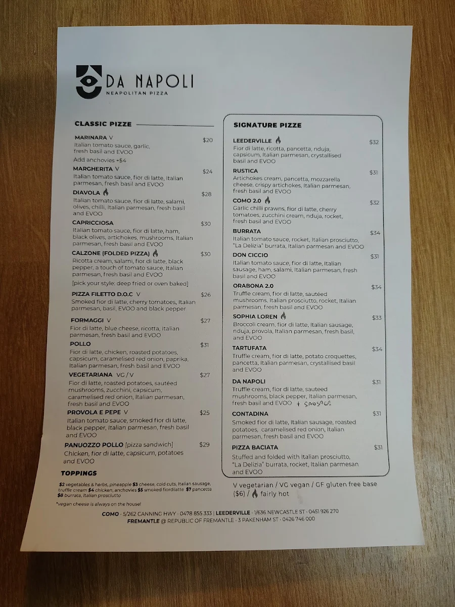 Menu, Pizzeria Da Napoli Como