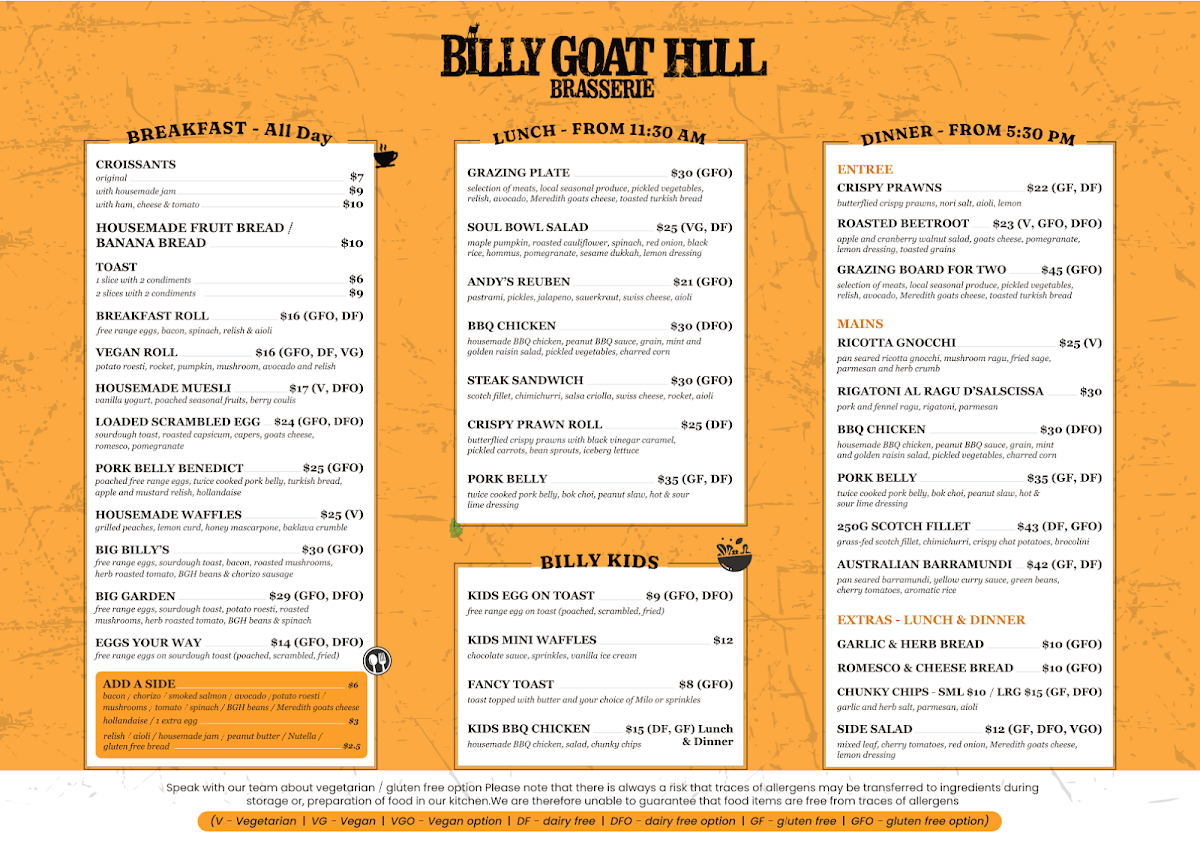 Menu, Billy Goat Hill Brasserie