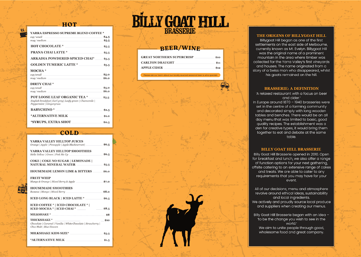Menu, Billy Goat Hill Brasserie