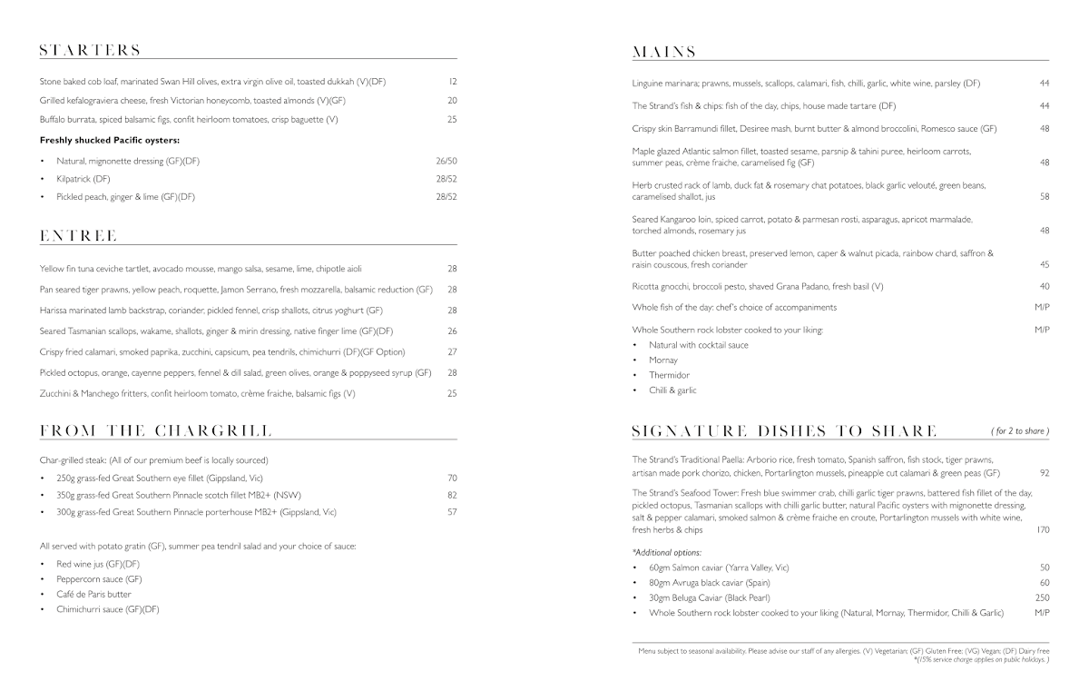 Menu, The Strand Restaurant in Williamstown