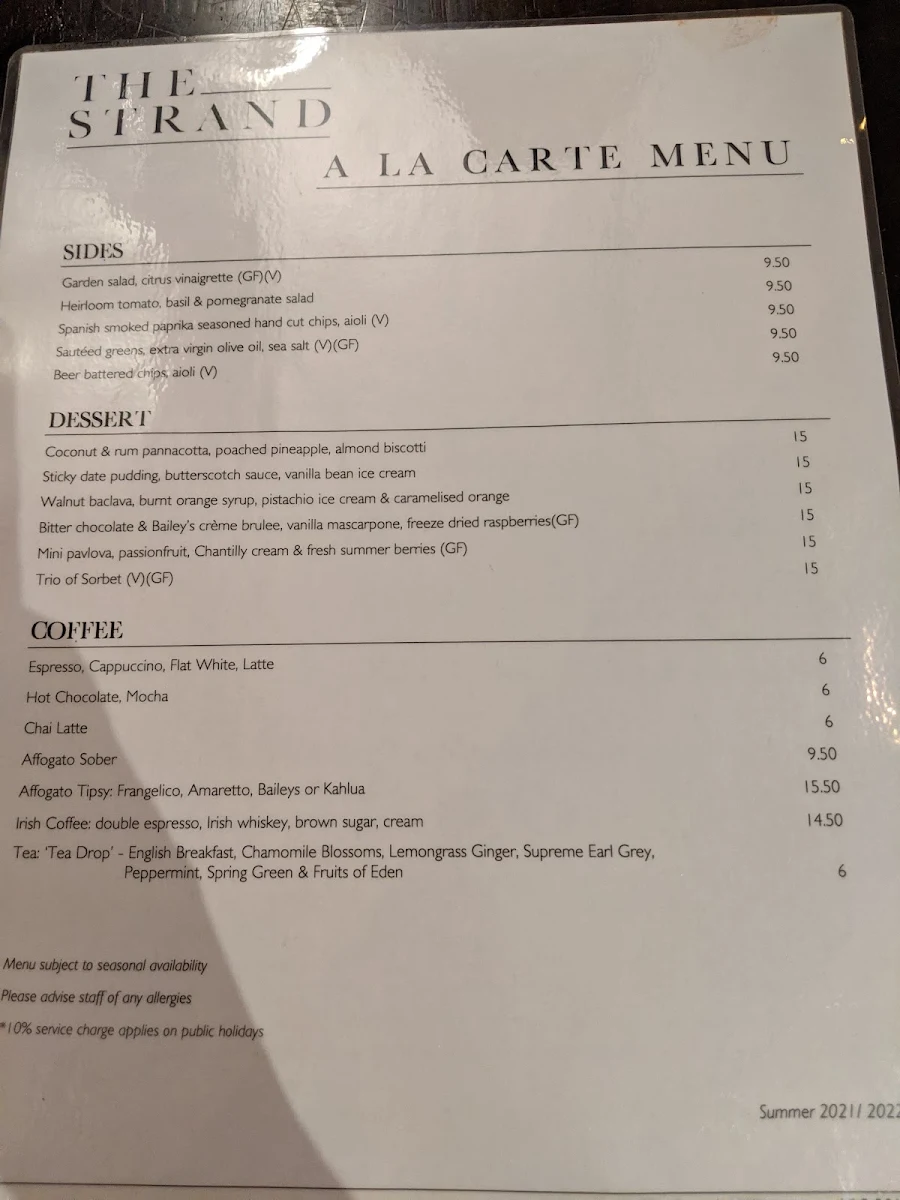 Menu, The Strand Restaurant in Williamstown