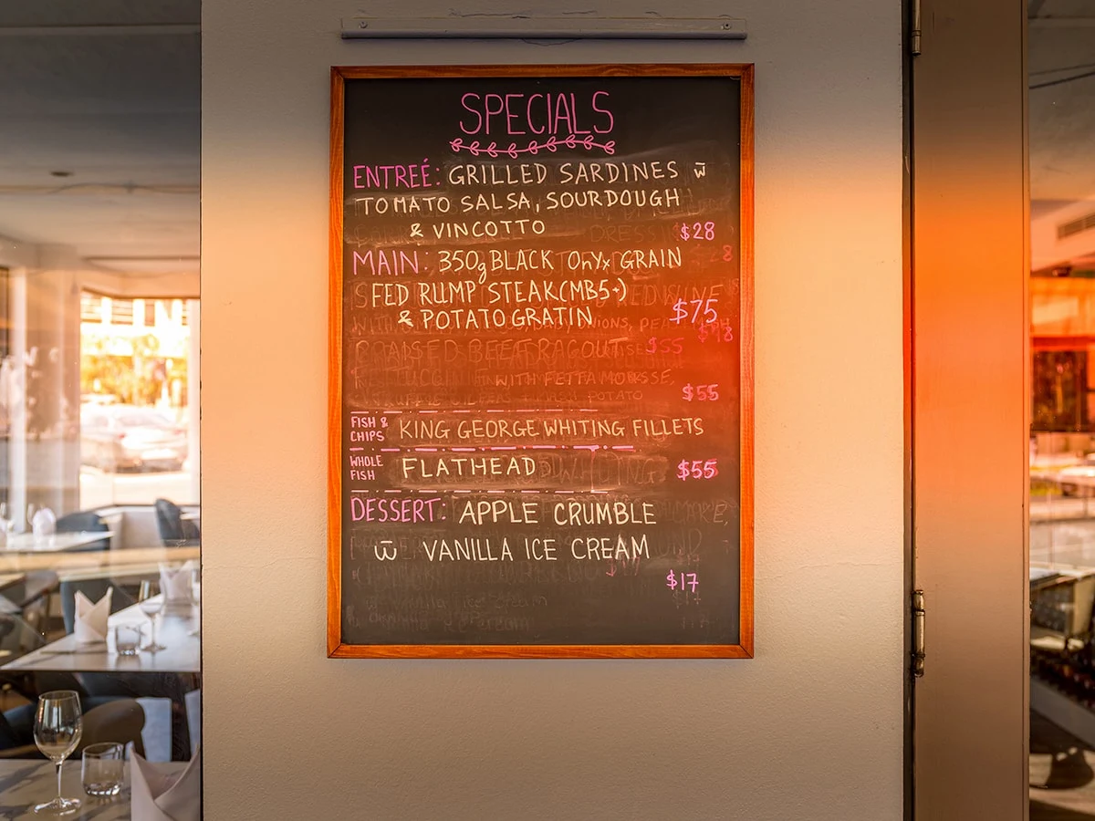 Menu, The Strand Restaurant in Williamstown