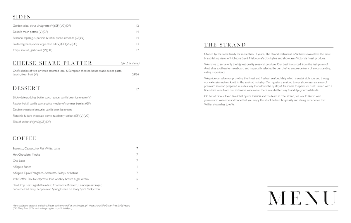 Menu, The Strand Restaurant in Williamstown