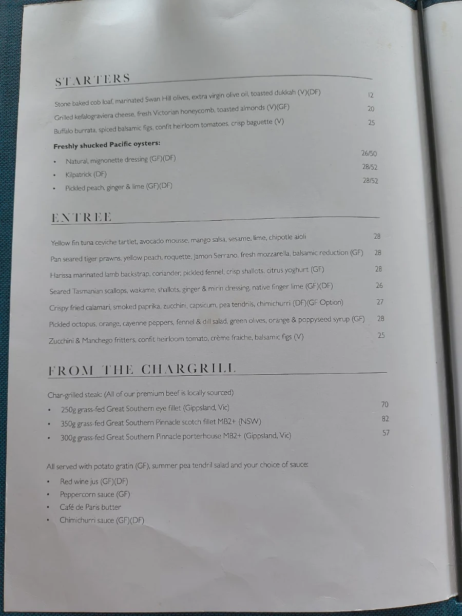 Menu, The Strand Restaurant in Williamstown