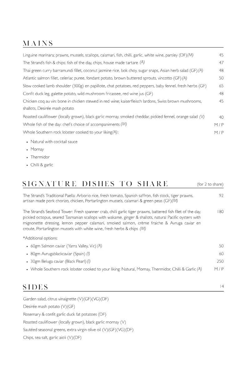 Menu, The Strand Restaurant in Williamstown