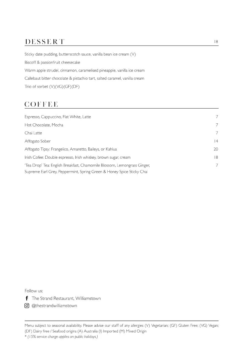 Menu, The Strand Restaurant in Williamstown