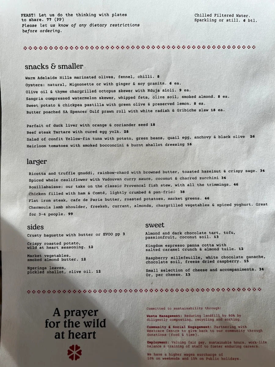 Menu, A Prayer for the Wild at Heart