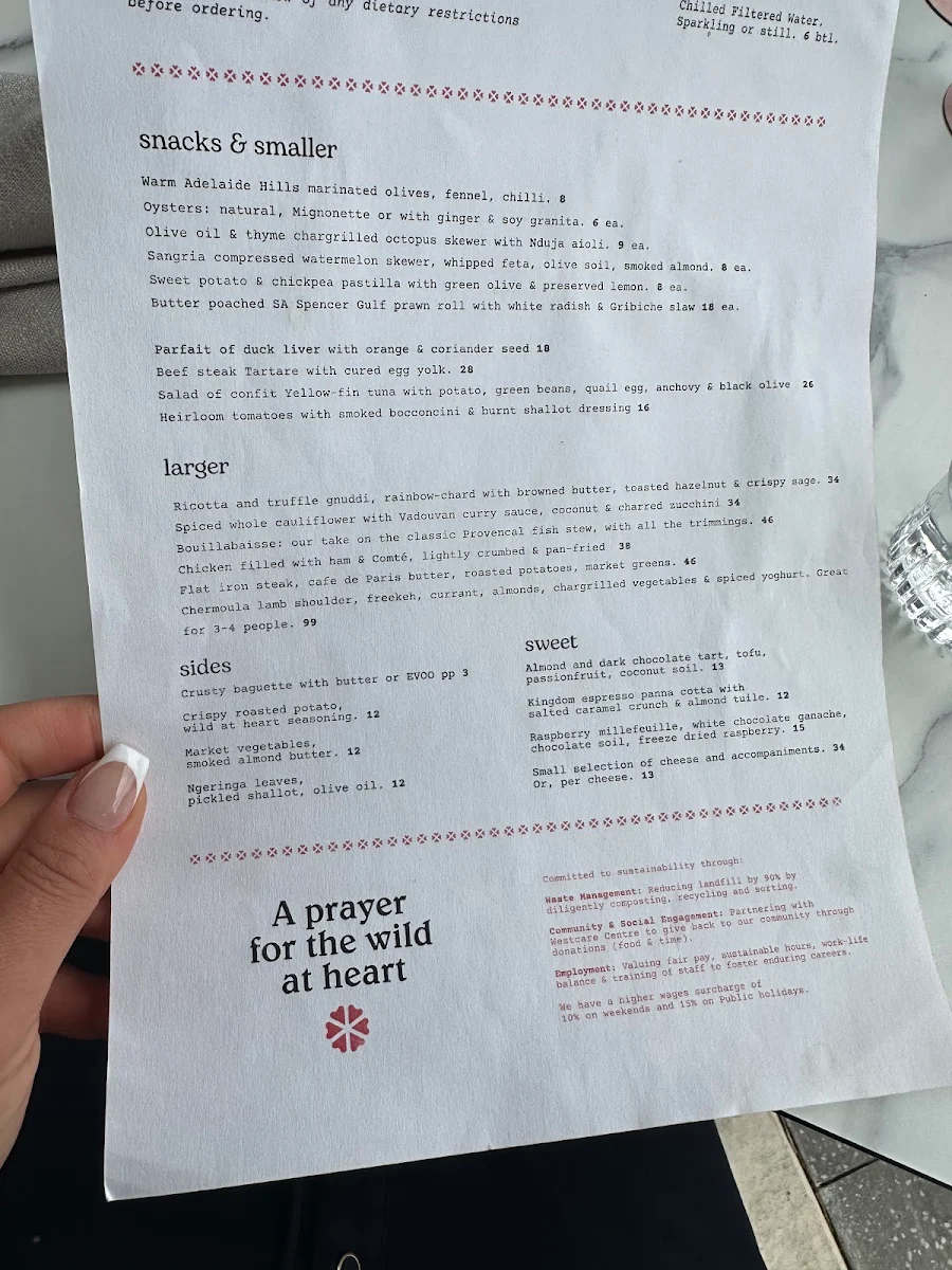 Menu, A Prayer for the Wild at Heart