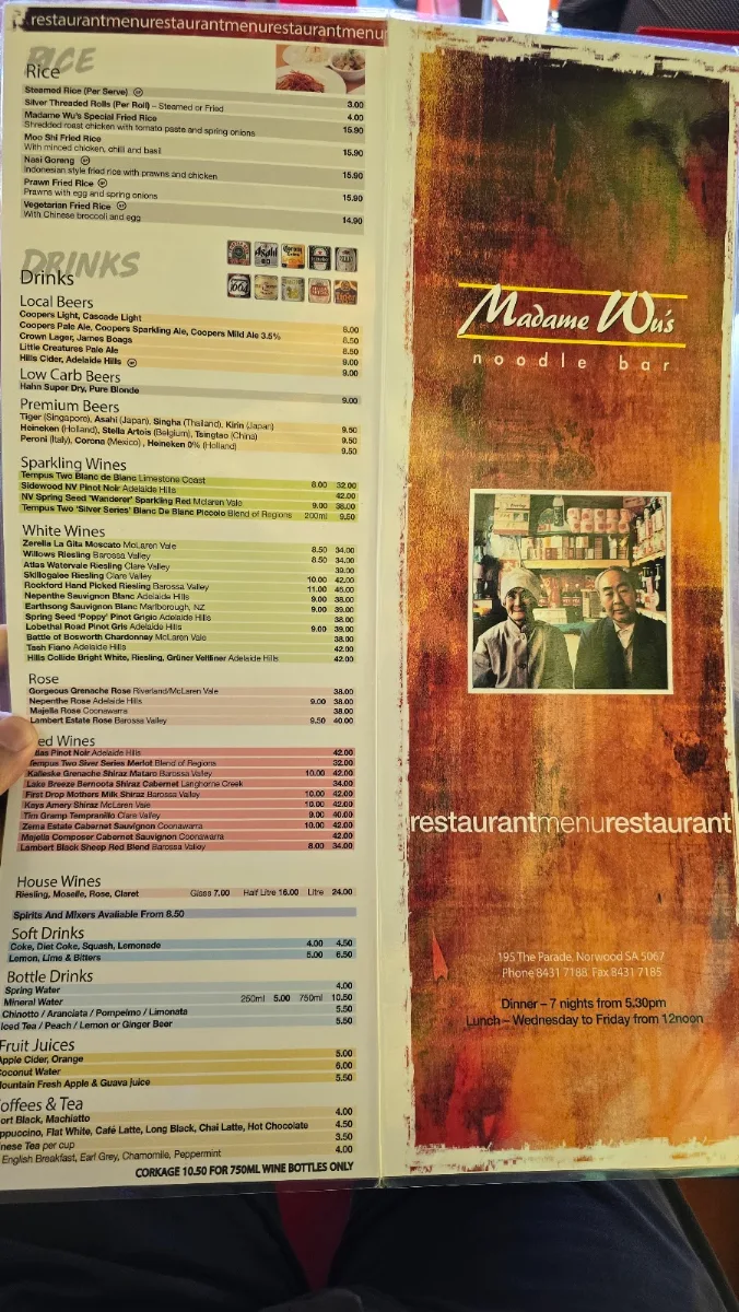Menu, Madame Wu's Noodle Bar