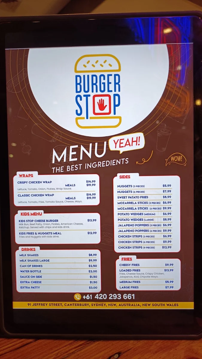Menu, Burger Stop