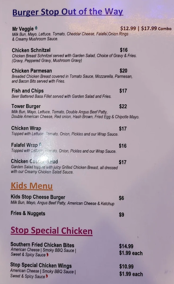 Menu, Burger Stop