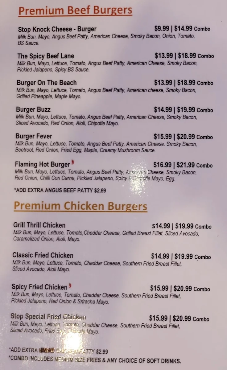 Menu, Burger Stop