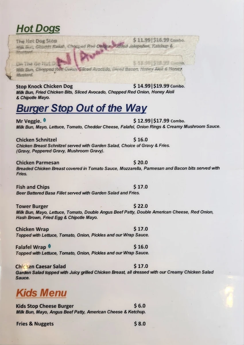 Menu, Burger Stop