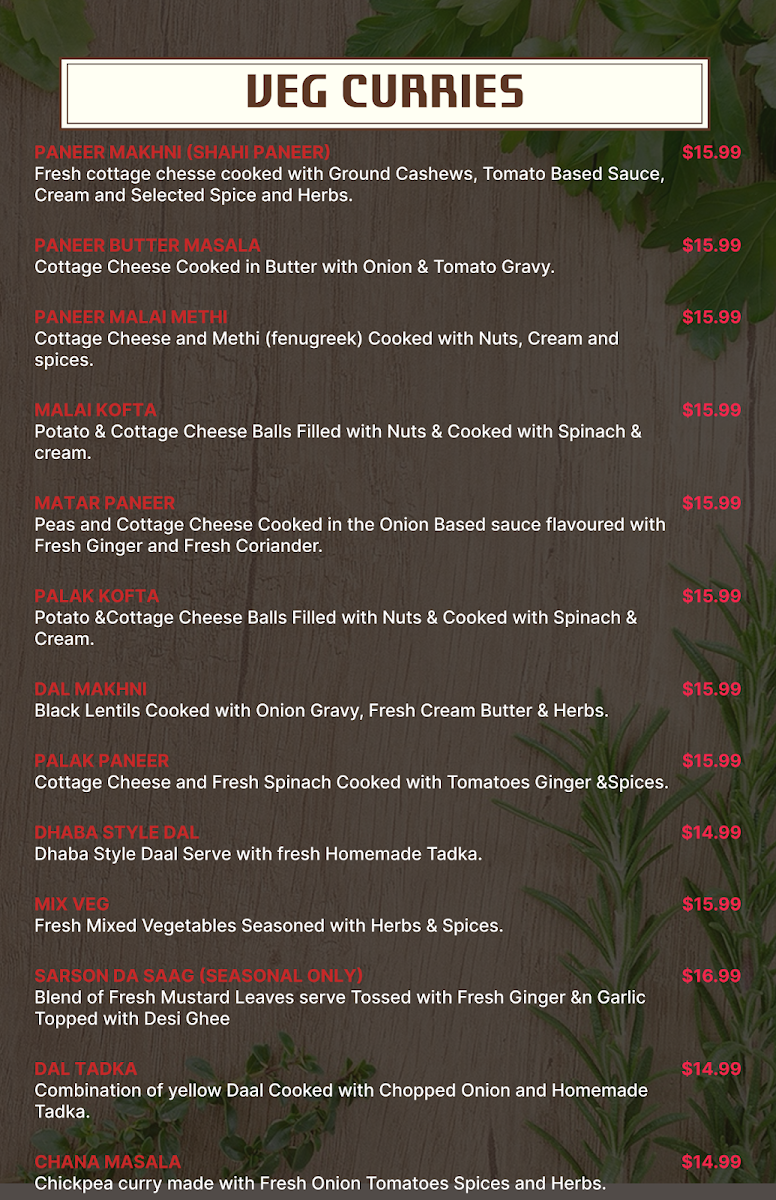 Menu, Malwa Junction The Indian Cuisine