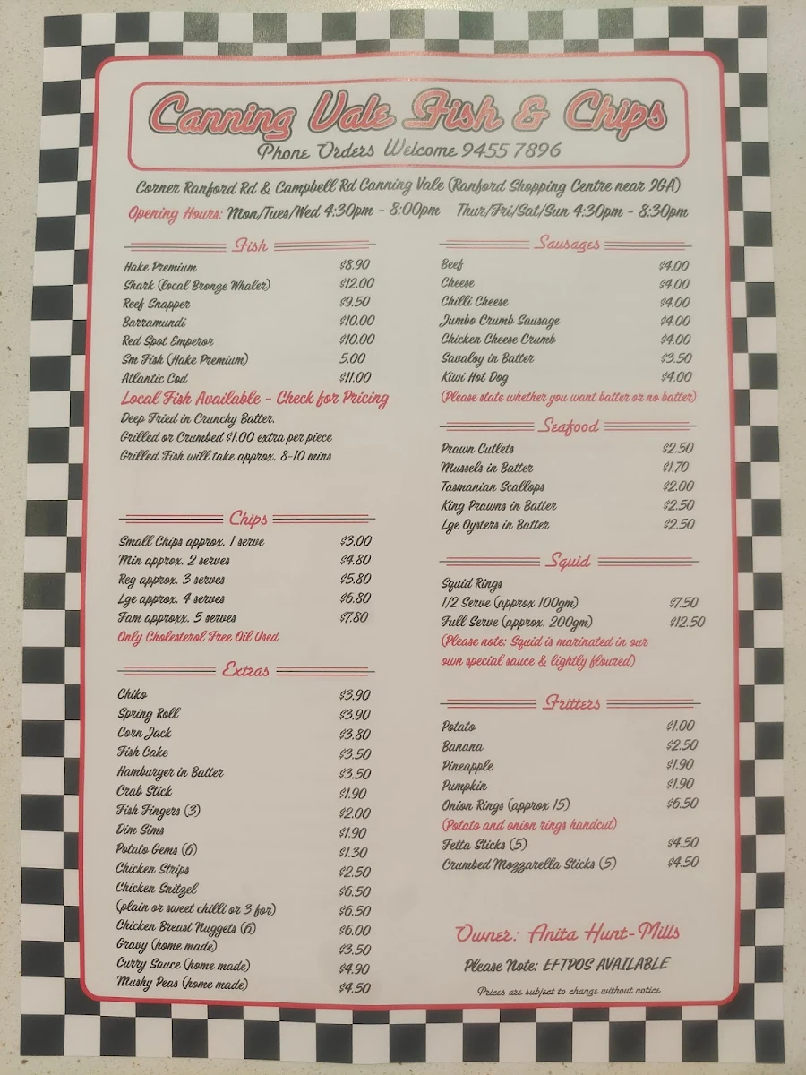 Menu, Canning Vale Fish & Chips