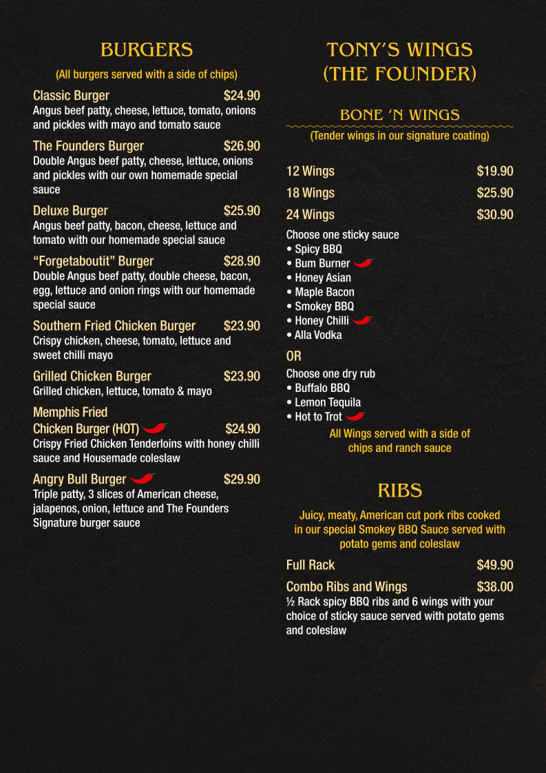 Menu, The Founders Restaurant