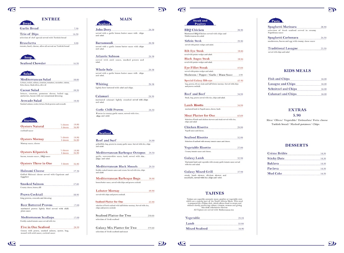 Menu, Galaxy Seafood and Mediterranean Restaurant