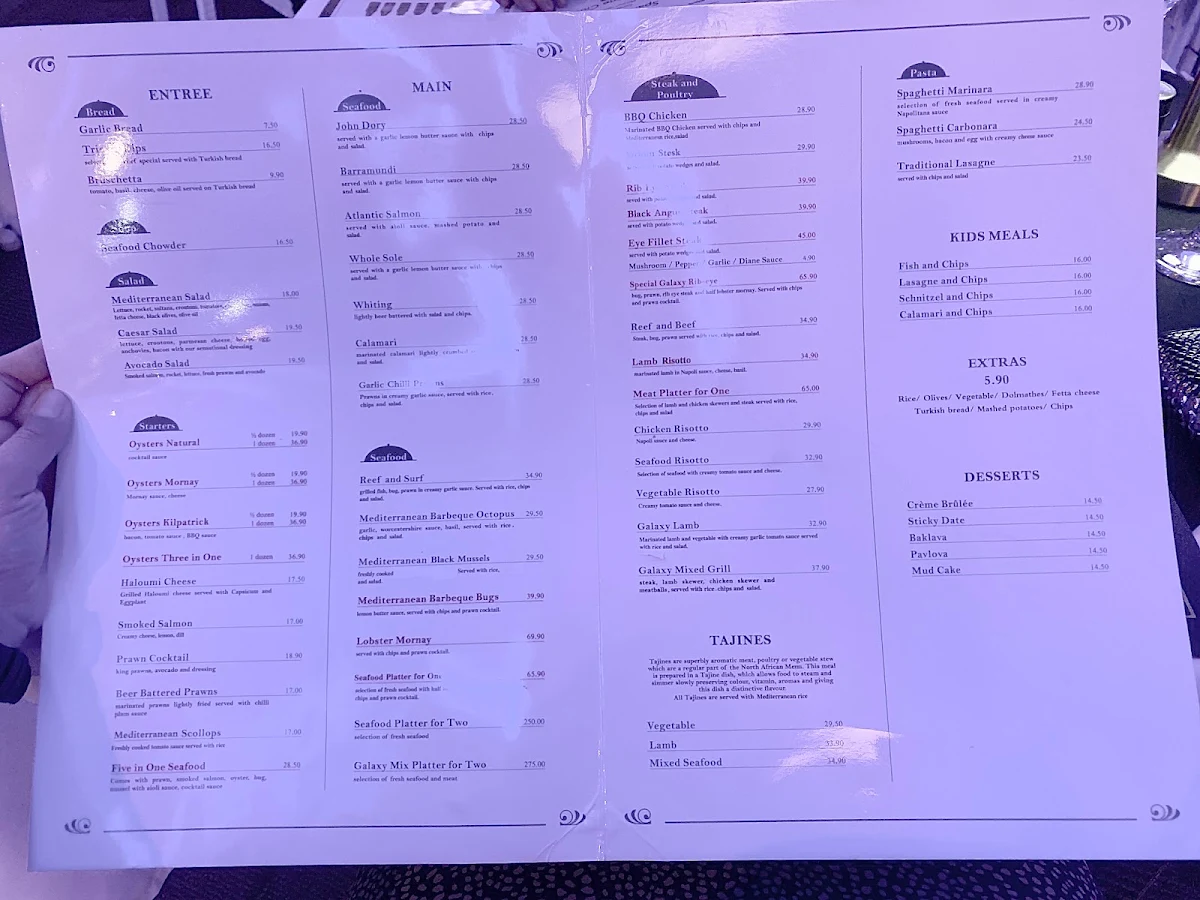 Menu, Galaxy Seafood and Mediterranean Restaurant