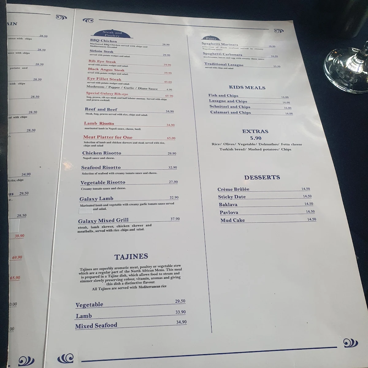 Menu, Galaxy Seafood and Mediterranean Restaurant
