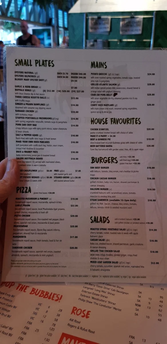 Menu, The Outback Bar