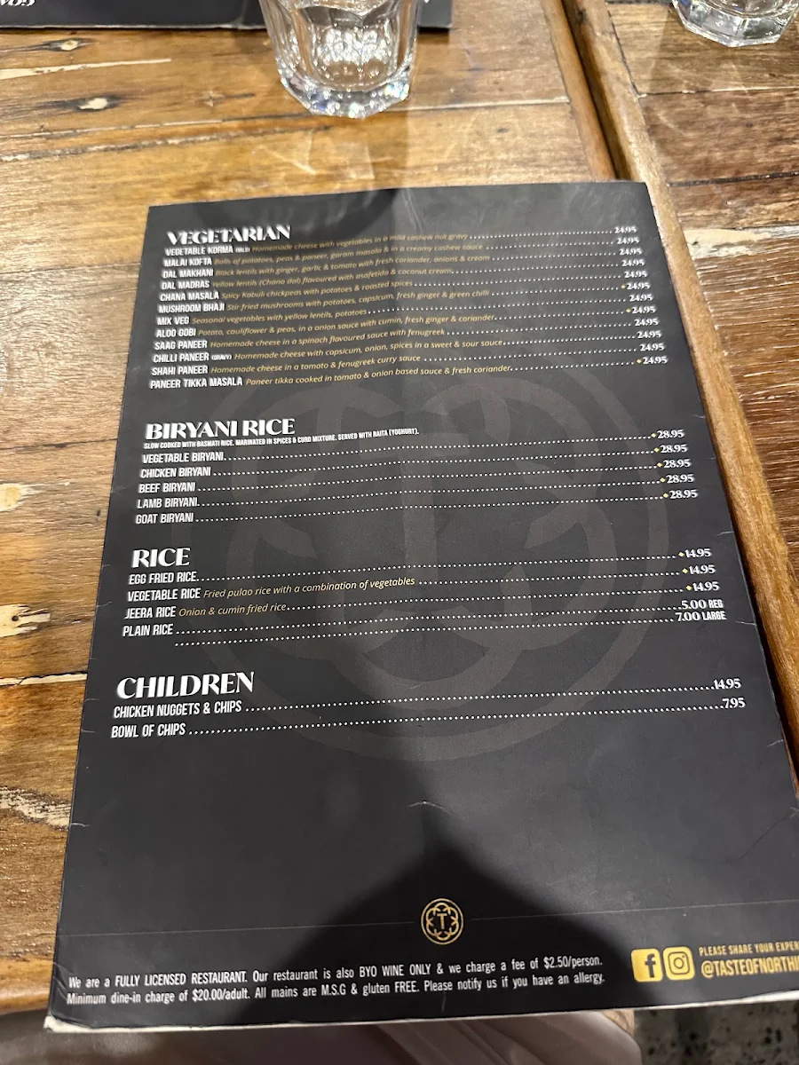 Menu, Taste of north India