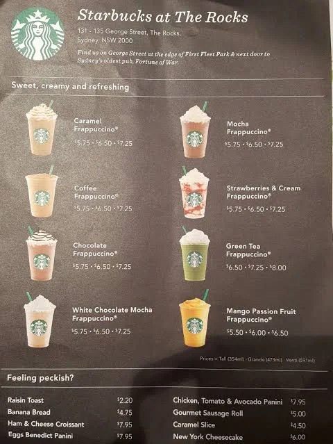 Menu, Starbucks Marsden Park
