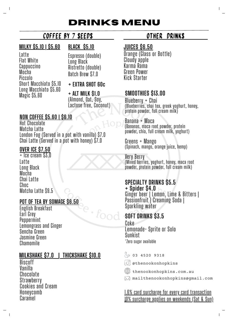 Menu, The Nook on Hopkins