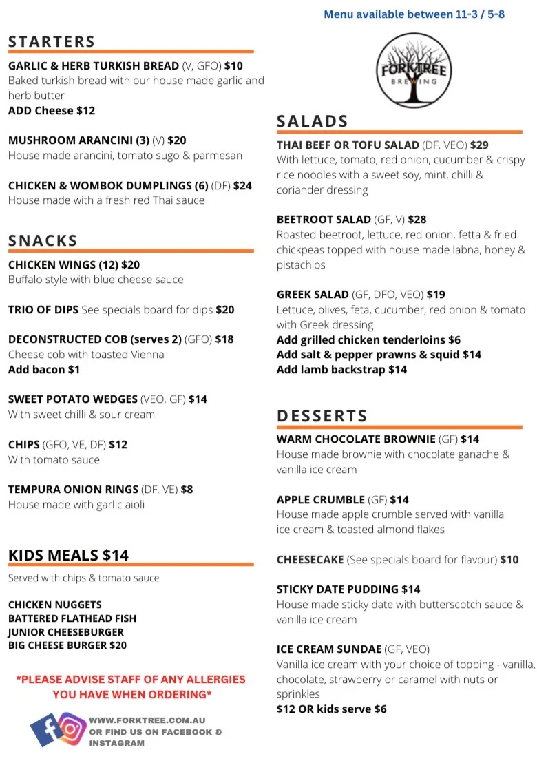 Menu, Forktree Brewing