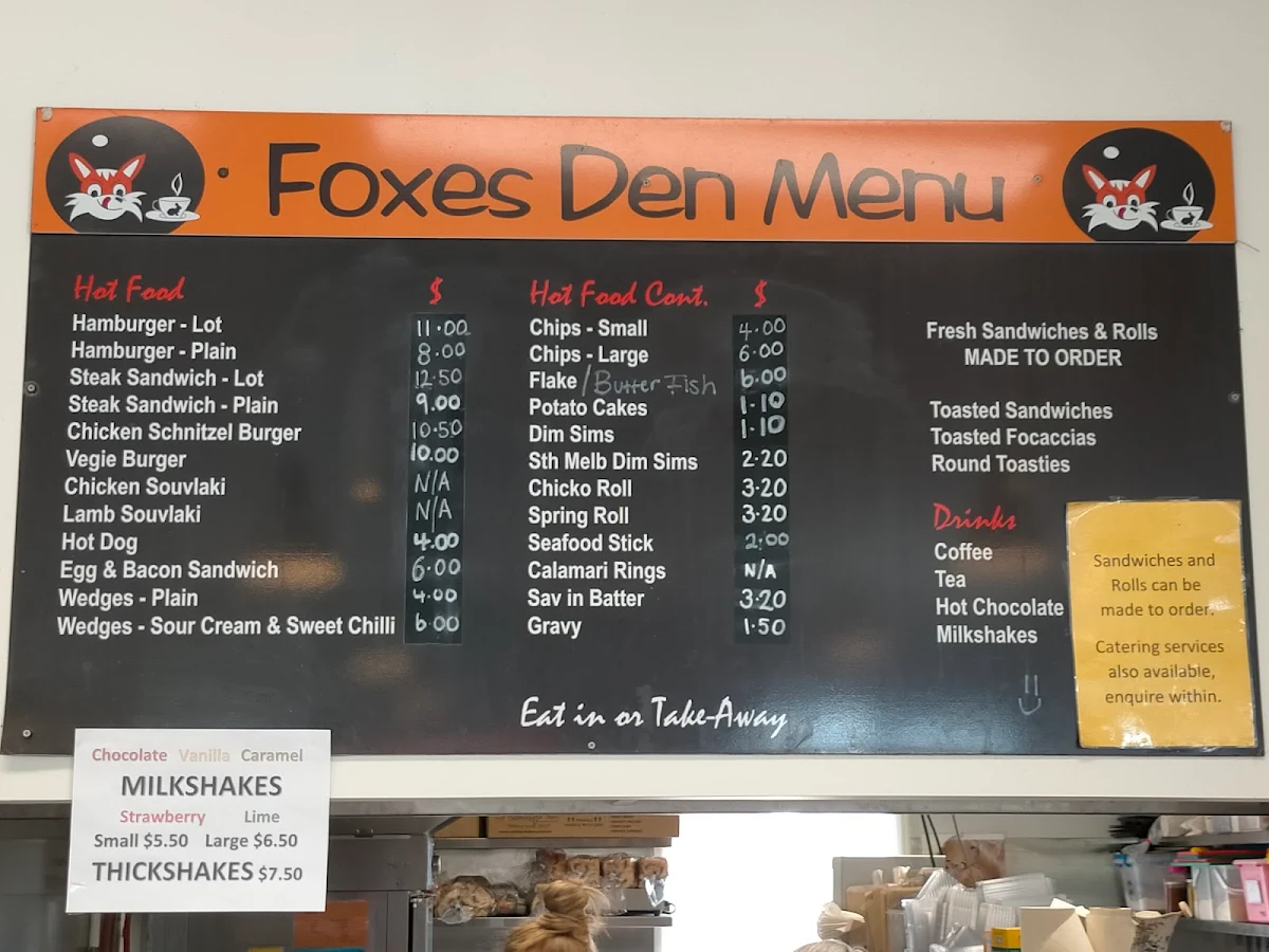 Menu, Foxes Den Cafe