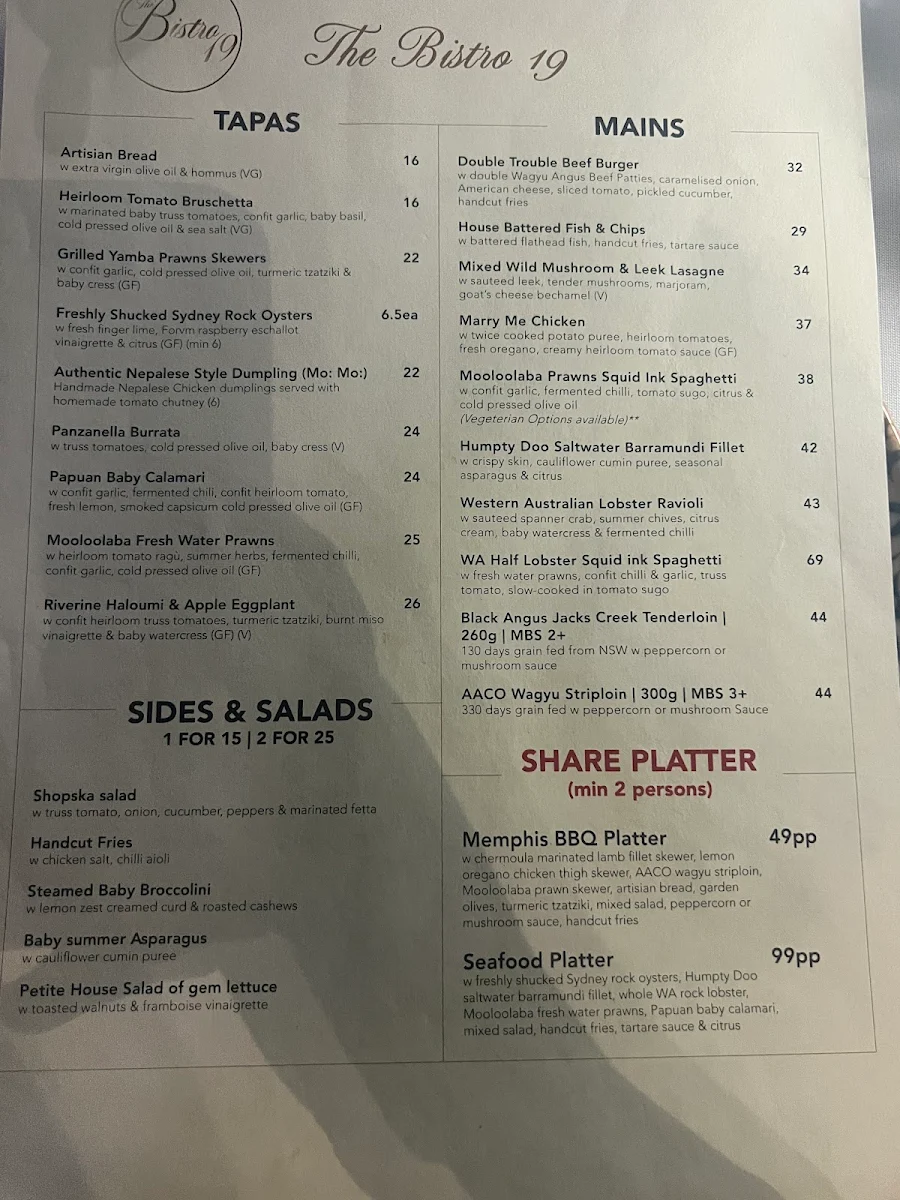 Menu, The Bistro 19