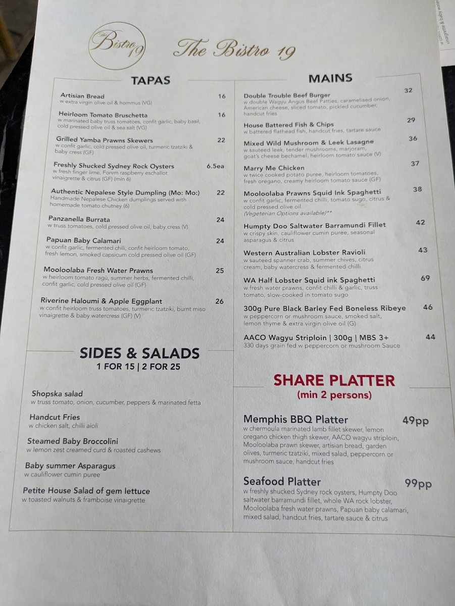 Menu, The Bistro 19