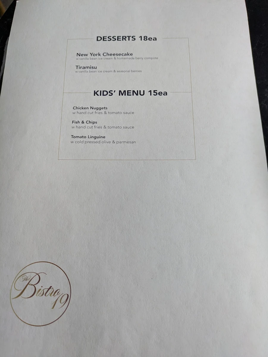 Menu, The Bistro 19