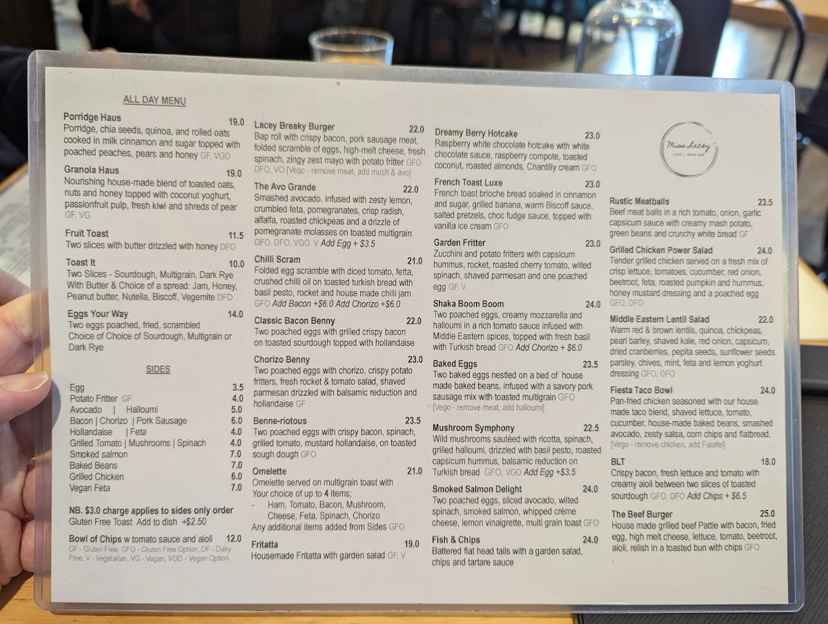 Menu, Miss Lacey Cafe and Wine Bar