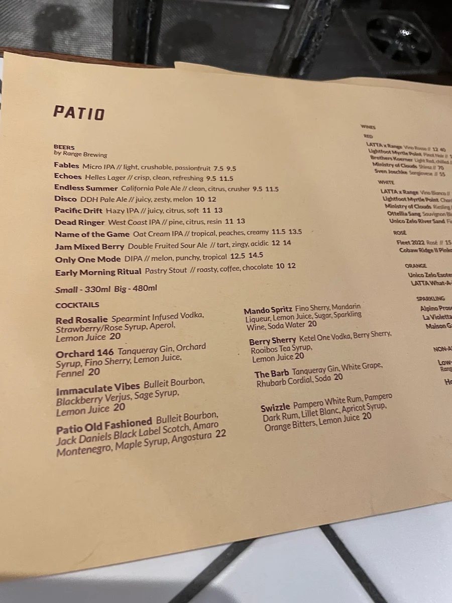 Menu, Patio by Range | Rosalie & Paddington Bar