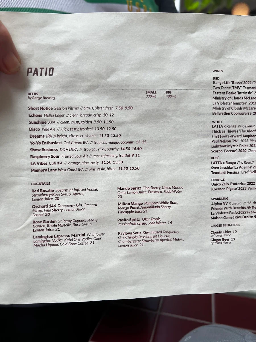 Menu, Patio by Range | Rosalie & Paddington Bar