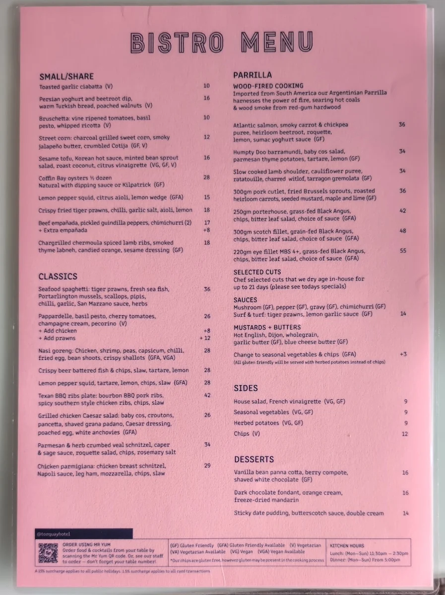 Menu, Restaurant @ Torquay Hotel