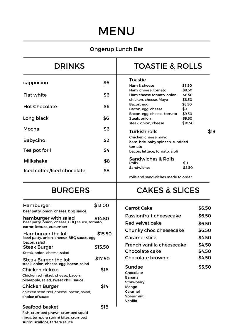Menu, Ongerup Lunch Bar