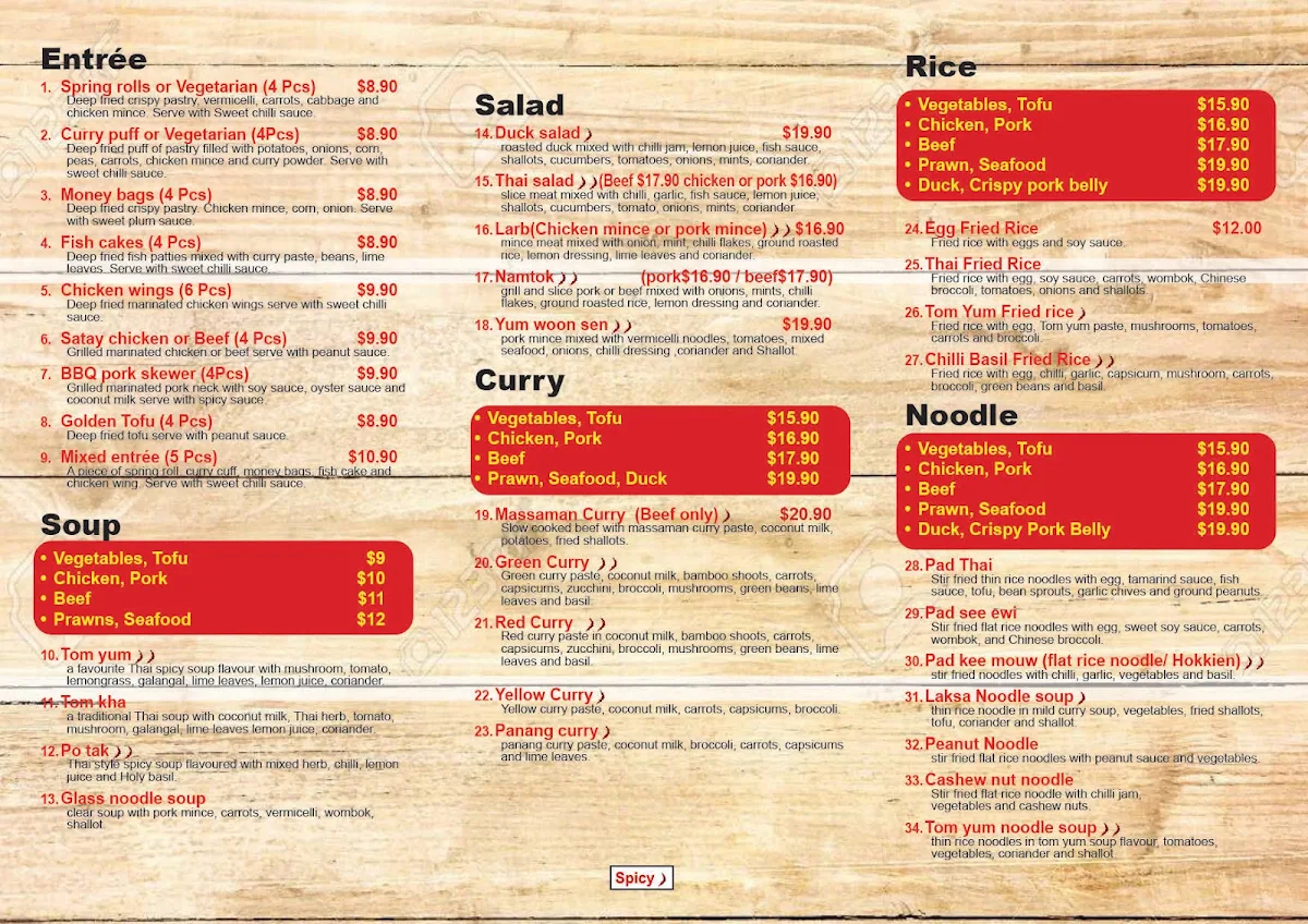 Menu, Erawan Thai Kitchen