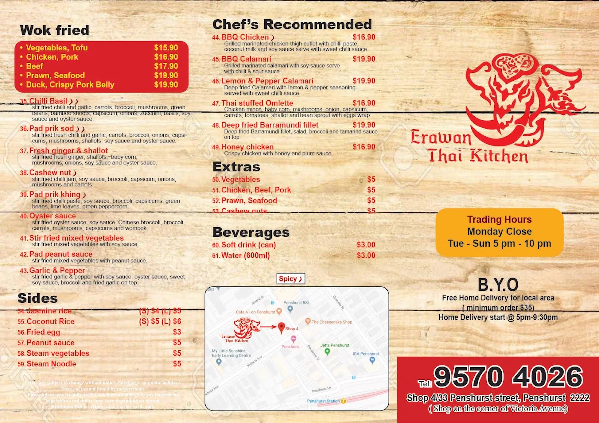 Menu, Erawan Thai Kitchen