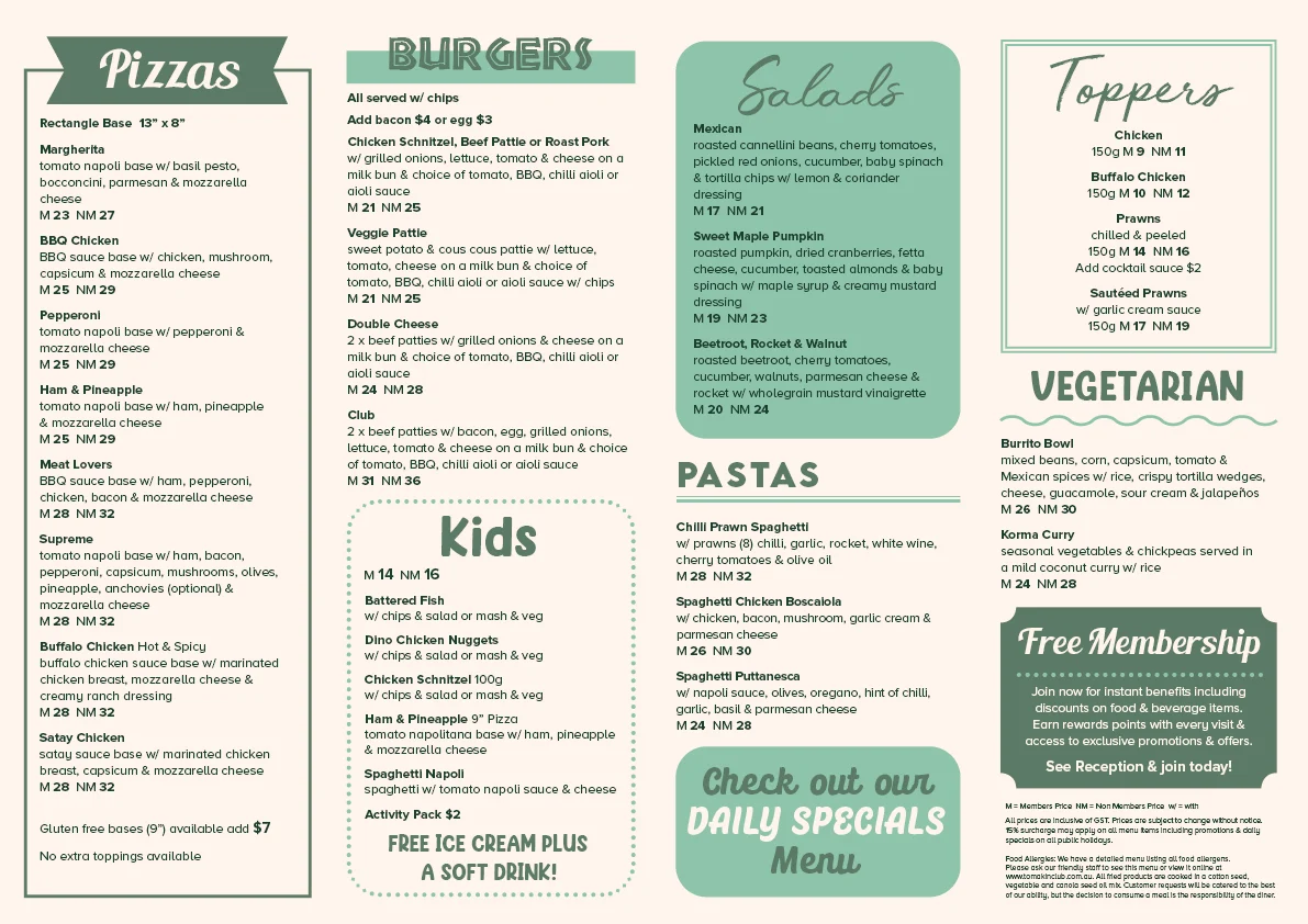 Menu, The Patch, Tomakin