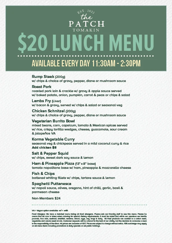 Menu, The Patch, Tomakin