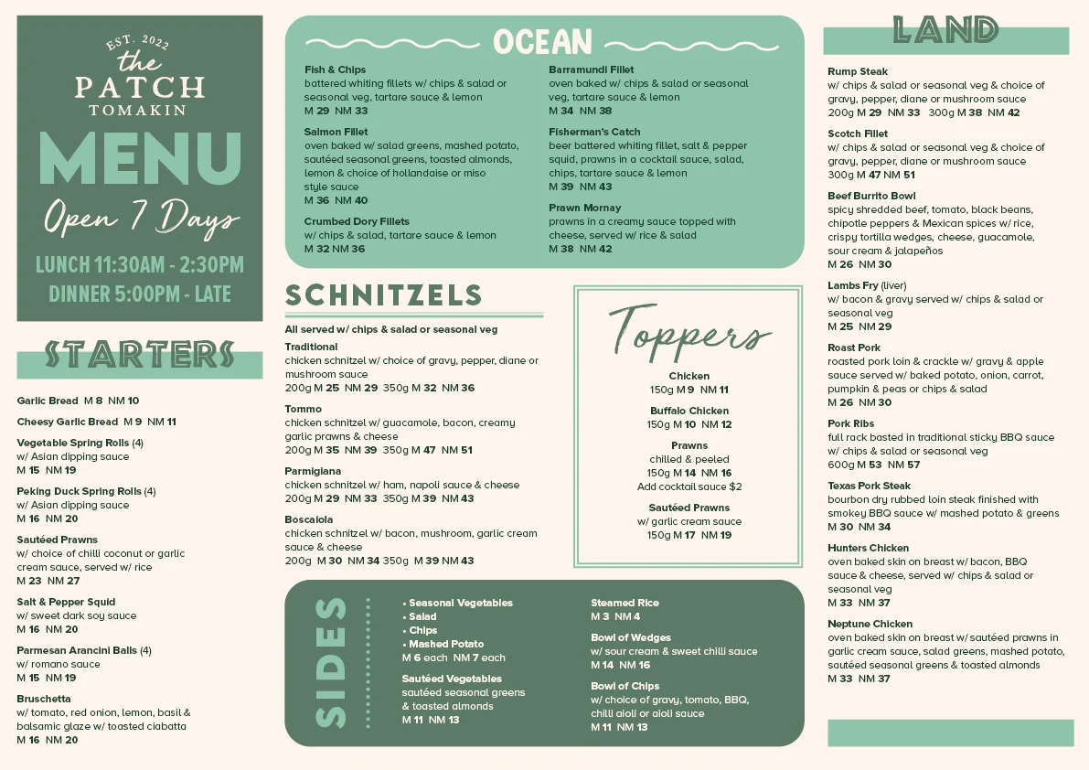 Menu, The Patch, Tomakin