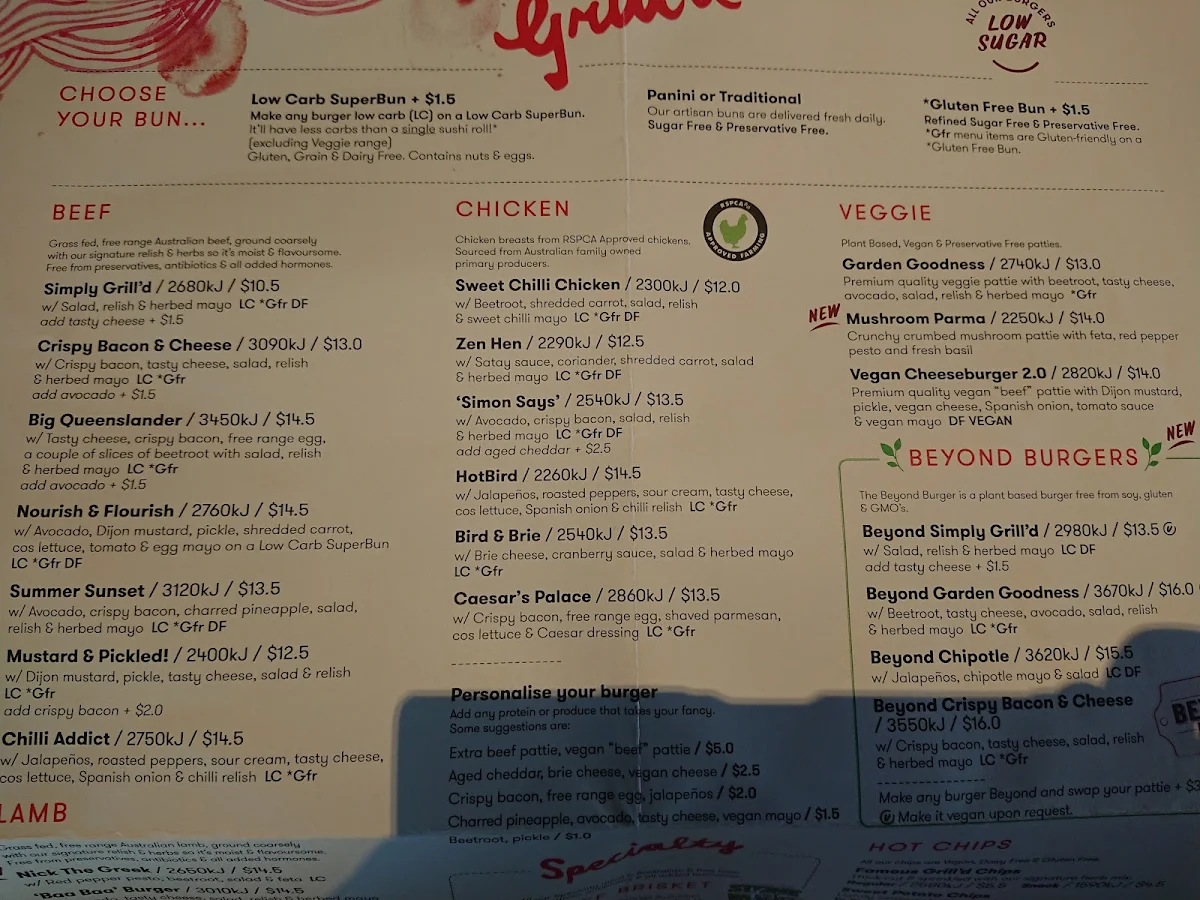 Menu, Grill'd Burgers - Harbour Town