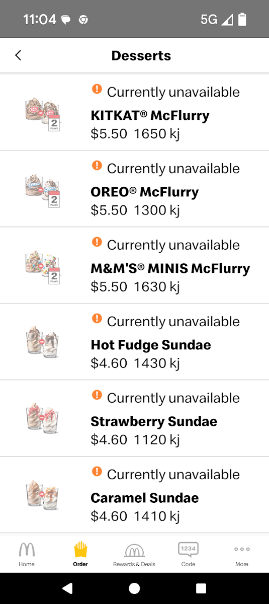 Menu, McDonald's Karalee